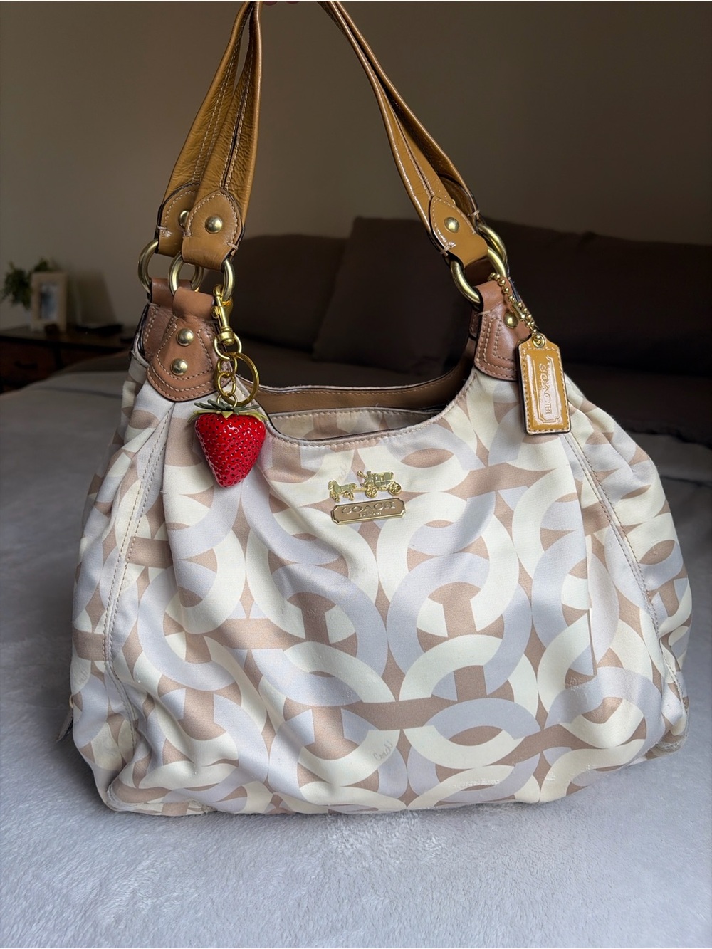 Coach Beige & Tan Signature Ring-Print Shoulder Hobo with Strawberry Charm